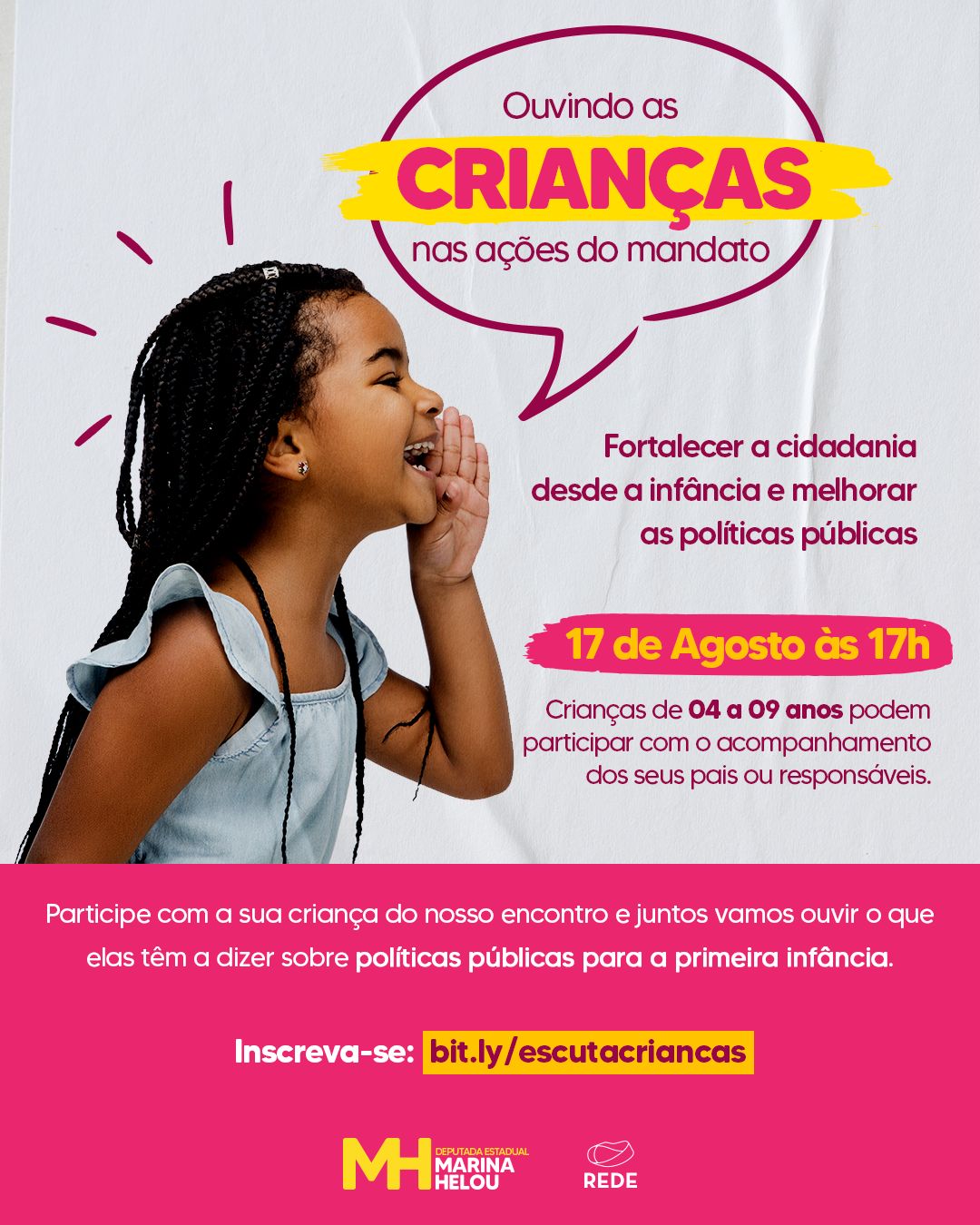 Uma criança com um balão exemplificando a fala. Informações do evento.